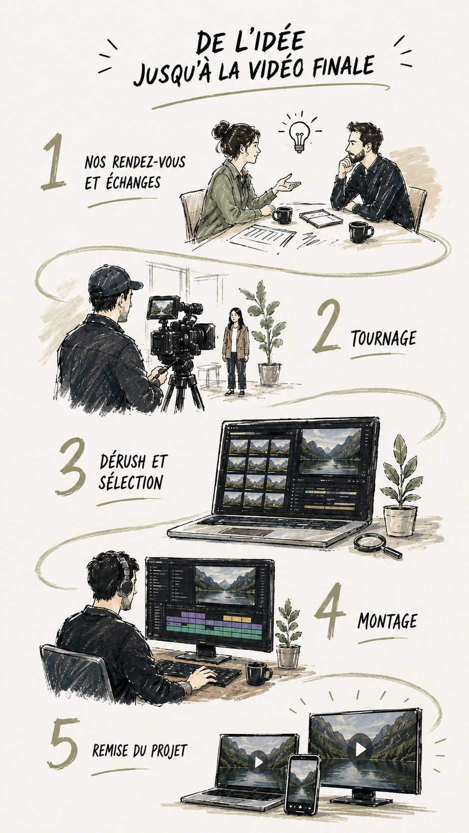 Illustration des cinq étapes du processus de création vidéo Karvirec